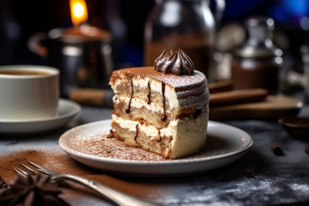 Chocolate sponge cake with mousse decorated with Orange slice and meringue Breakfast in the cafe morning coffee on wooden table : Generative AIの素材