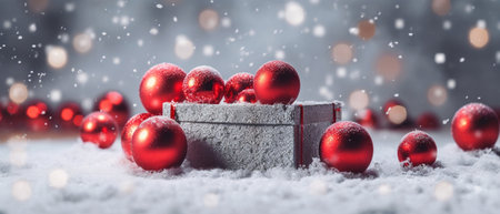 Beautiful christmas arrangement of fresh spruce red balls in a red metal box Xmas mood Bokeh of Garland lights on background : Generative AIの素材