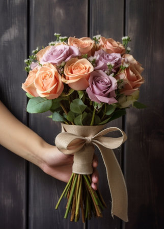 Bouquet of roses and Other colors flowers on wooden background copy space : Generative AIの素材