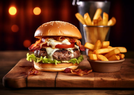 Burger with beef cooked on charcoal Lunch on a wooden background The concept of fast food and unhealthy food : Generative AIの素材