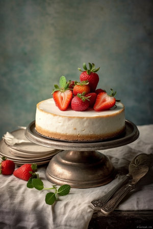 Delicate strawberry cheesecake with coconut Delicious homemade cake with Fresh berries on light table : Generative AIの素材