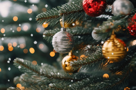 Close up of Christmas tree with ornaments baubles bow snowflakes pine cones and lights : Generative AIの素材