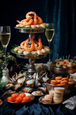 Delicious fresh seafood shrimp with fresh vegetables buffet table with lots of delicious snacks canapes bruschetta and little desserts on wooden plate board : Generative AIの素材