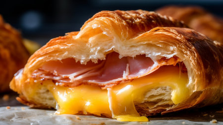 Croissant with ham and cheese Hot pastries lie on the shelf in the cafe Buns and bagels in the store : Generative AIの素材