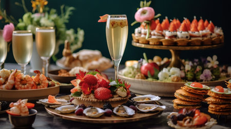 Festive buffet at the event with desert champagne and wine Soft focus : Generative AIの素材