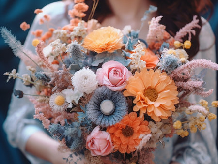 Colourful beautiful bouquet of mixed dried flowers in woman hand the work of the florist at a flower shop : Generative AIの素材