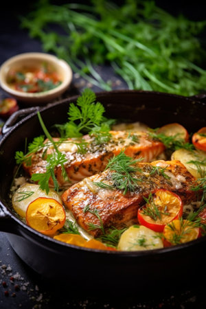 Closeup of roasted salmon steaks in a frying pan top view Fresh seafood for frying : Generative AIの素材