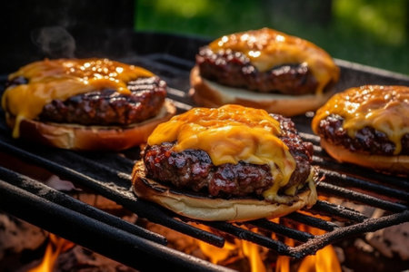 Delicious burgers with beef tomato cheese and lettuce cooked on the grill assembled : Generative AIの素材