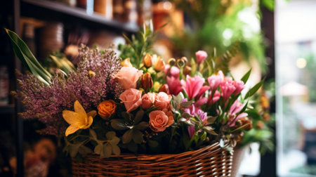 Flower arrangement in Wicker basket Beautiful bouquet of mixed flowers in woman hand Handsome fresh bouquet Small flower shop and Flowers delivery : Generative AIの素材