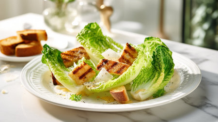 Classical Caesar salad with roasted chicken poached egg lettuce leaves crackers parmesan and tomatoes and cream sause on the white round plate close up restaurant menu : Generative AIの素材