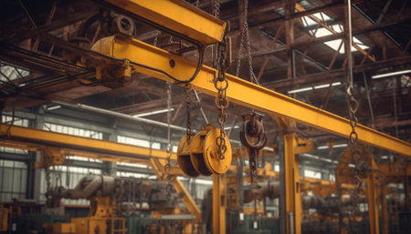 Crane hook The system of pulleys and ropes a hanging mechanism in the production area Movement remote control pendant switch for overhead crane in the factory : Generative AIの素材