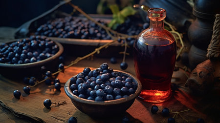 Currant wine in a bottle on wooden table Sweet alcohol made from many varieties berry fruits : Generative AIの素材