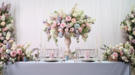 Closeup Table setting with plates and tableware adorned with flowers Floral decoration for wedding ceremony romance dining Wedding banquet festive decor Concept of servic : Generative AIの素材