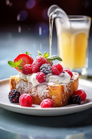 French toast style brioche with vanilla ice cream pear nut mint leaf and red berry sauce Light morning Breakfast fresh warm pastries and aromatic cappuccino coffee : Generative AIの素材