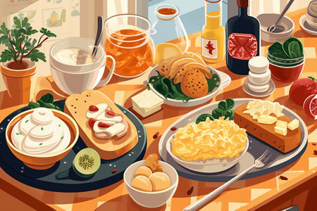 Continental breakfast Modern Full English Breakfast with scrambled eggs champignons toast beef sausages beans avocado and lettuce Healthy food Served lunch in cafe : Generative AIの素材