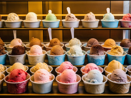 Flavors various ice cream in Rome Italy Italian gelateria Assortment of colorful gelato on cafe showcase : Generative AIの素材