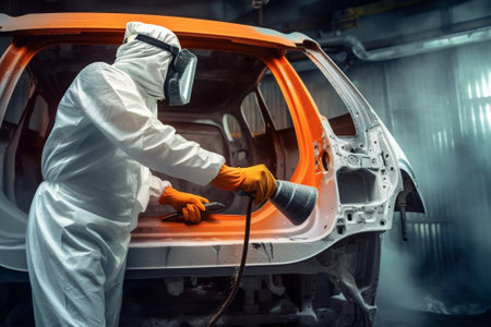 Image of Spray gun Worker painting parts of the car in special painting chamber wearing costume and protective gear Car service station : Generative AIの素材