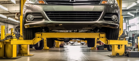 Grid sensor sets mechanic on auto Car stand with sensors wheels for alignment camber check in workshop of Service station : Generative AIの素材