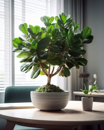 Large Ficus plants Stylish green plant in Wicker pot on wooden vintage stand on background of floral shop Modern room decor : Generative AIの素材