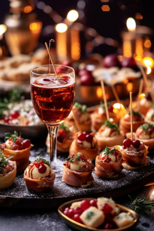 Hand with a glass of champagne in the foreground A small table is served with snacks bruschettas and canapes A decorated dining table with champagne glasses candles and c : Generative AIの素材
