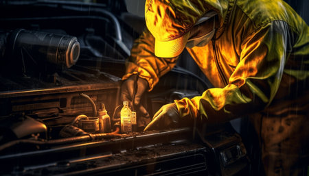 Side view of mechanic checking motor oil in a car with open hood : Generative AIの素材