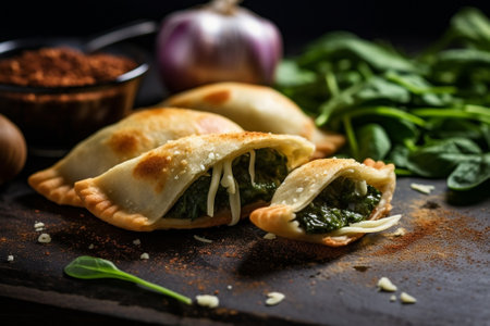 Latin American fried empanadas with Vegetable salad with arugula Decorated with balsamic sauce Menu restaurant : Generative AIの素材