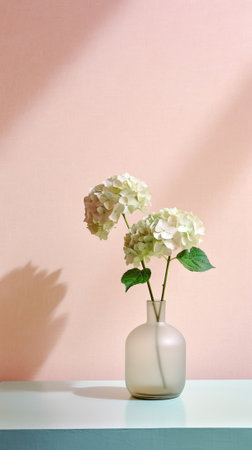 beautiful hydrangea flowers in a vase on a table Bouquet of light pink flower Decoration of home Wallpaper and background Vertical photo : Generative AIの素材