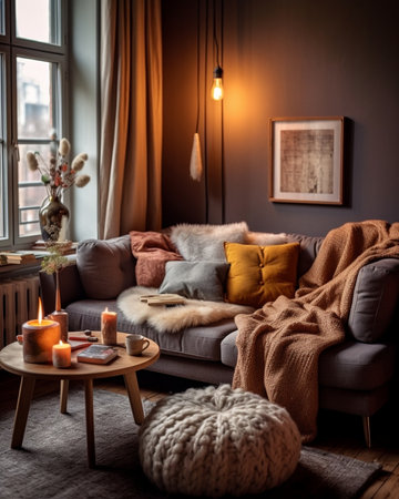 Russia Nizhny Novgorod January 10 2018 Private apartment Modern living room with pillows on cozy sofa and craft lamps interior design : Generative AIの素材
