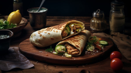 Shawarma chicken roll in a pita with fresh vegetables and cream sauce on wooden background Selective focus : Generative AIの素材
