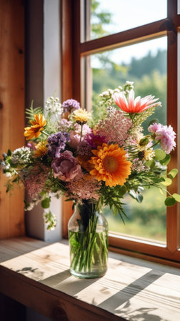 beautiful bouquet of mixed flowers into a vase on wooden table the work of the florist at a flower shop copy space : Generative AIの素材