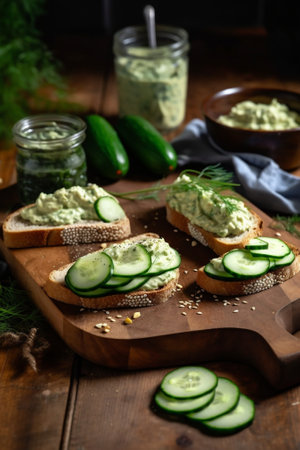 Sandwich on fried potatoes with herring green onion Tasty appetizer with sauerkraut pickled cucumber mustard on wooden Board Rye bread and lard : Generative AIの素材