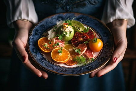 Woman eats salad crab avocado citrus oil spices Crab meat with matzo on white plate for cooked seafood : Generative AIの素材
