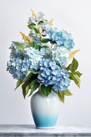 beautiful hydrangea flowers in a vase on a table Bouquet of light blue lilac and pink flower Decoration of home Wallpaper and background : Generative AIの素材