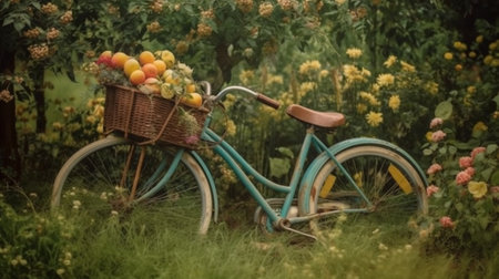 Retro bicycle with basket flowers Flower field on the sunny morning Beautiful flower seedlings growing in the soil at the garden Gardening hobby concept : Generative AIの素材