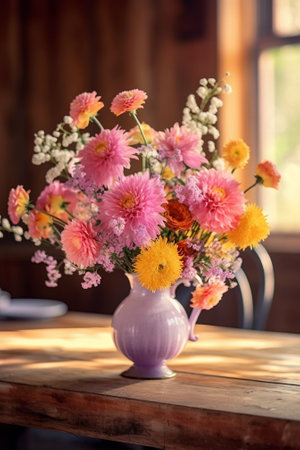 flower arrangement multicolor bouquet of beautiful flowers on wooden table Floristry concept Spring colors : Generative AIの素材