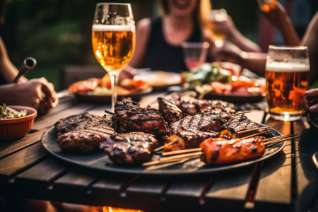 Various grilled meat set heated on coals Barbecue restaurant menu Many different food on the table Dinner party or Banquet : Generative AIの素材