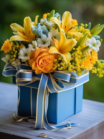 Sunny spring morning Flowers bouquet in box Bunch of blue hyacinths and yellow tulips on gray armchair Present for a girl : Generative AIの素材