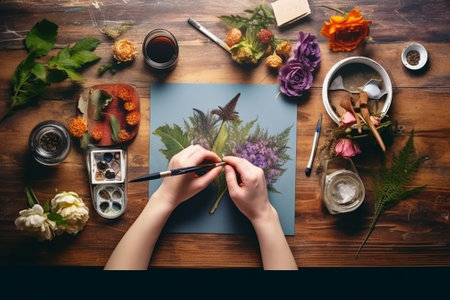 The florist desktop with working tools on gray old wooden background : Generative AIの素材