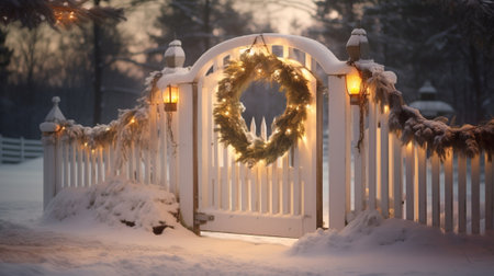 house entrance decorated for holidays Christmas decoration garland of fir tree branches and lights on the railing : Generative AIの素材