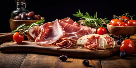 Salami and Parma sausage closeup Table full of mediterranean appetizers tapas or antipasto Assorted Italian food set Delicious snack on party or picnic time Meat and chee : Generative AIの素材