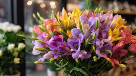 Readymade bouquets for sale Many different flowers on Showcase Background of mix of flowers Beautiful flowers for catalog or online store Floral shop and delivery concept : Generative AIの素材