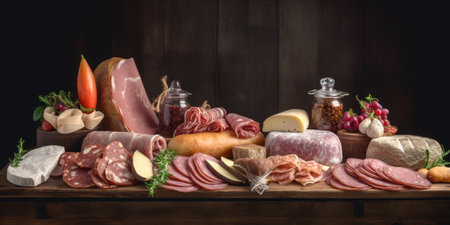 the buffet at the reception Assortment of canapes on wooden board Banquet service catering food snacks with cheese jamon prosciutto and fruit : Generative AIの素材