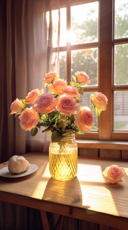 branchs of pink roses in a vase on wooden table : Generative AIの素材