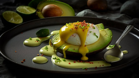 Woman cuts poached egg and yolk flows out Brioche avocado cream with salmon and egg Healthy breakfast protein Restaurant dish : Generative AIの素材