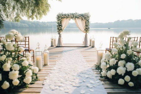 wedding arch decorated with flowers and wooden chairs on forest lake background : Generative AIの素材