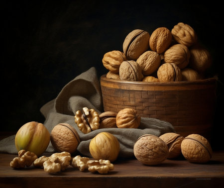 the harvest with freshly picked walnuts in the basket colorful mixed color : Generative AIの素材