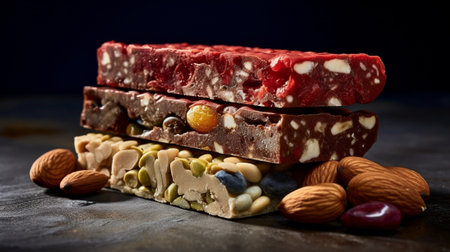 Rocks with chocolate and nuts Christmas theme Healthy sweet dessert snack Granola bar with nuts fruit chocolate and berries : Generative AIの素材