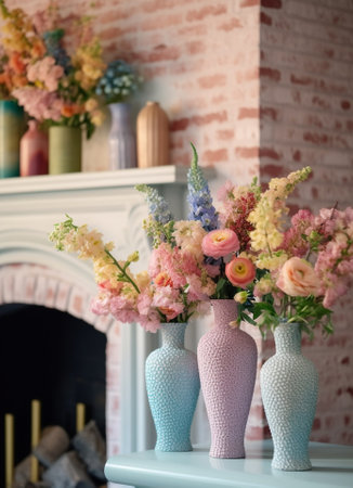 Vases with different colored flowers showcase flower shop Beautiful spring bouquets Small family business Work florist copy space : Generative AIの素材