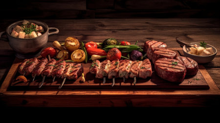 Various grilled meat set with Pickled cabbage and two sauces Serving on a wooden Board Barbecue restaurant menu a series of photos of different meats : Generative AIの素材