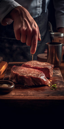 The waiter is butchering with a knife Grilled striploin steak with Pickled cabbage and two sauces The strip steak also called a New York strip Serving on a wooden Board B : Generative AIの素材